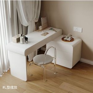 Modern Minimalist Creamy White Extendable Makeup <b>Vanity</b> With Lighted <b>Mirror</b> For Bedroom - Product Image 2