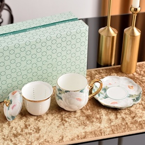Hot Selling White Peony Series Exquisite Bone China Tea Cup With Lid Handpainted Tableware <b>For</b> Hotel - Product Image 5