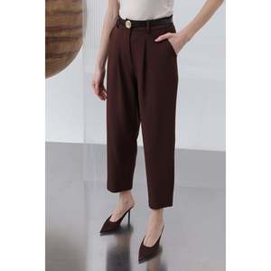 Puane Women's Brown Pleated <b>Trousers</b> - Elegant Loose Fit Casual Pants for Everyday Wear - Comfortable and Stylish <b>Ladies</b> Bottoms - Product Image 2