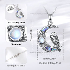 Changda Animal Lover Moon Norse Amulet 925 Sterling Silver Madre de perla Moonstone Viking Crow Ravens Colgante Collar - Product Image 4