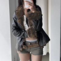 Y2K Kunstpelz-Besatz Lederjacke Damen Sexy Slim Fit Streetwear Warme Winter Kurze Jacke Trendige Clubwear Oberbekleidung