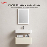 Meuble-lavabo KIDOIR ton chaud avec vasque en pierre frittée et miroir LED 600-1200mm, finition PET couleur café au lait pour projets de vente en gros