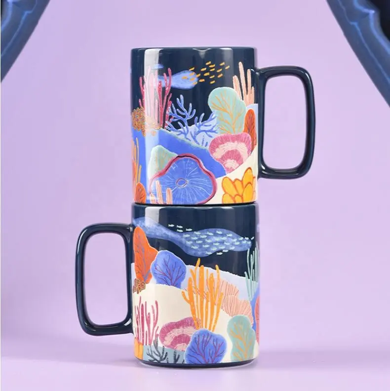 Täglich verwendetes hochwertiges Ozean design mit buntem Glasur keramik becher kreative einfarbige Kaffeetasse neuer Bone China-Becher