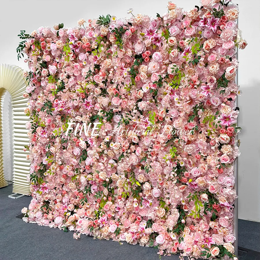 Wedding Stage Floral Wall Backdrop Decor Pink Rose Flower Wall Roll Up Cloth Silk Flower Wall