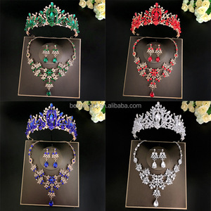 Bellelorld elegante <span class=keywords><strong>rosso</strong></span> blu verde scheggia pietre preziose <span class=keywords><strong>sposa</strong></span> per essere corona strass diara corona orecchino e collana set per il matrimonio - Product Image 2