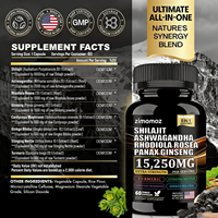Capsules de Shilajit Complexe 8-en-1 15 250 mg Force Maximale Ashwagandha Rhodiola Rosea Panax Ginseng Curcuma Amélioration Osseuse Adulte