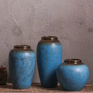 New Design Rustic Medium Size Textured Blue Ceramic Vase Flower Vase For Centerpieces Kitchen Living Room Bedroom Decor