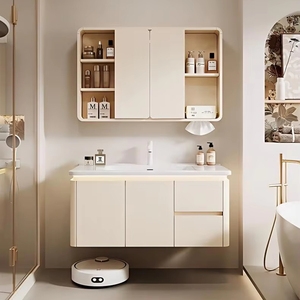 New Modern Cream <strong>Bathroom</strong> Vanity Set Luxury Stone Ceramic Integrated Basin Rubber Wood <strong>Bathroom</strong> <strong>Sink</strong> <strong>Storage</strong> for Hotel Villa Use - Product Image 1