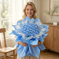 Blauw geconserveerd rozenboeket, op maat gemaakte eeuwige roos, Valentijnsdag cadeau, echt eeuwigdurend bloemenboeket voor vriendin, jubileum