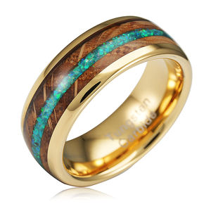 Cincin Kawin Tungsten Berlapis Emas TG dengan Desain Opal Hijau Tong Whiskey Klasik, Bersertifikat, untuk Janji dan Pertunangan - Product Image 4