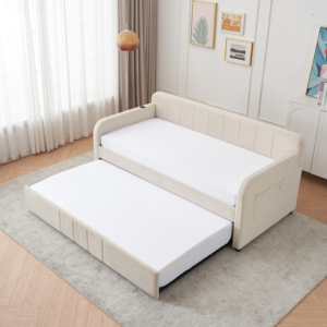 Sofá <span class=keywords><strong>Cama</strong></span> Individual Tapizado con Base de Madera y Soporte de Láminas, Ideal para Dormitorio, Sala de Estar y Habitaciones de Invitados, Color Beige - Product Image 5