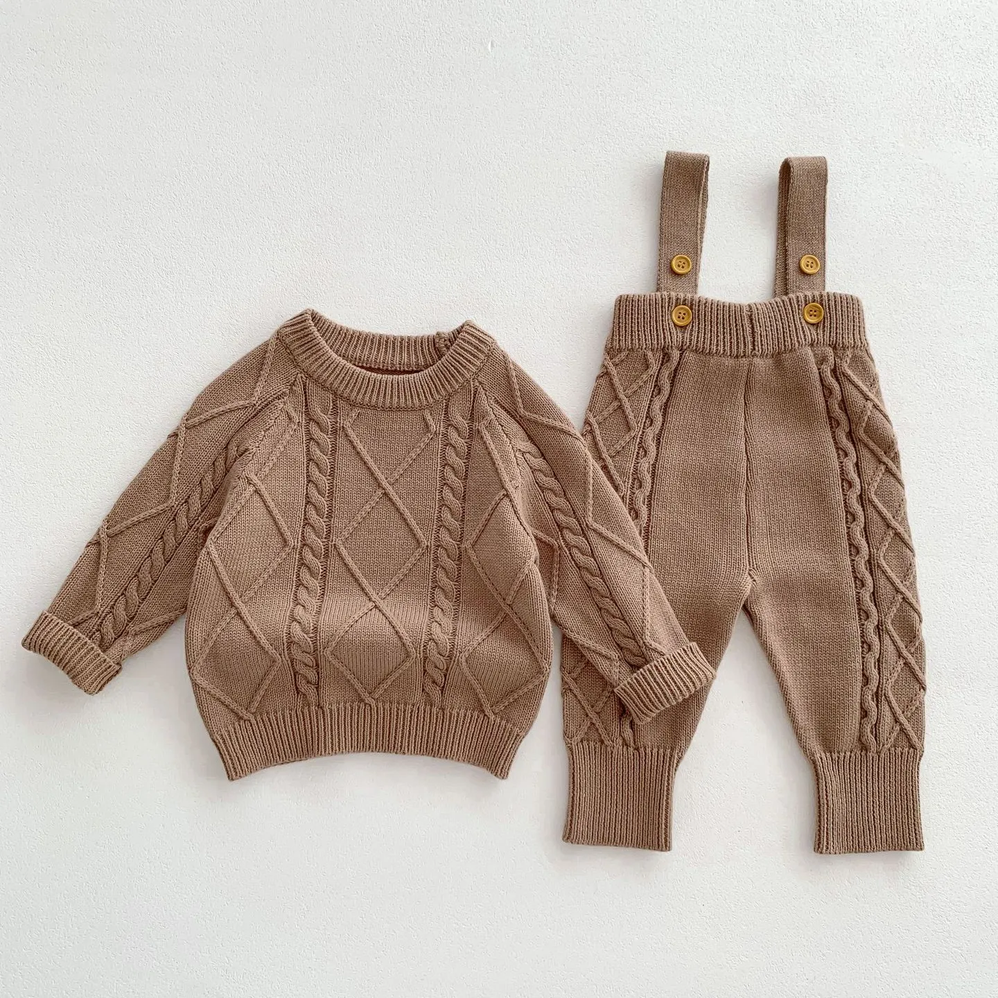 Conjunto de roupas unissex para bebês primavera personalizado 100% algodão orgânico conjunto de calças e suéter de malha para bebês