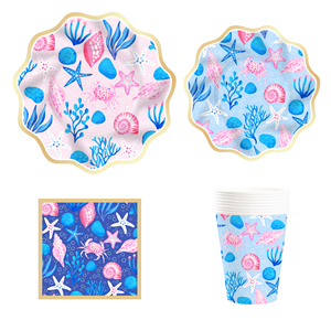 Platos de Papel Personalizados DAMAI con Diseño de Mar Azul, con Patrón de Peces y Conchas, Juego de Vajilla Desechable para Fiestas de Cumpleaños Infantiles - Product Image 1