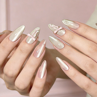 24 Uñas Postizas con Efecto Ojo de Gato en Degradado Rosa y Verde, con Lazo 3D y Perla, Hechas a Mano, Estilo Coreano Y2K