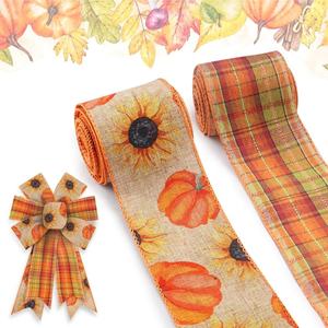 Orchard Plaid calabaza naranja cinta Otoño y corona <span class=keywords><strong>de</strong></span> Acción <span class=keywords><strong>de</strong></span> Gracias cinta decorativa con cable para decoración festiva del hogar - Product Image 1