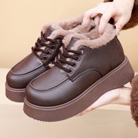Bottes décontractées pour femmes, style maman, hiver 2025, en cuir microfibre, doublure en fausse fourrure, à lacets, semelle épaisse, talon haut
