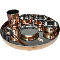 Set alat makan tradisional tembaga dan baja tahan karat, piring Thali 13 inci sendok kaca paket tunggal 8