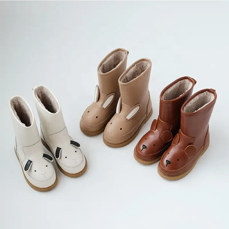 New Arrivals 2021 Vintage Style Leather Mid Knee Fur Children Winter Snow Boots For Kids