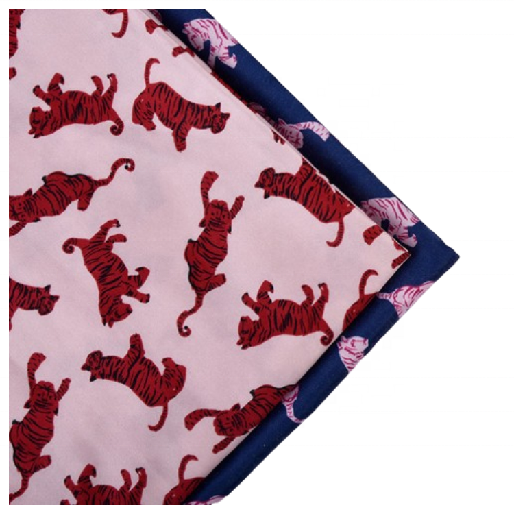 85/15 Recycled Polyester Cotton Red Tiger Printed TC Satin Woven Fabric for Garment Shirts Pajamas Sleepwear