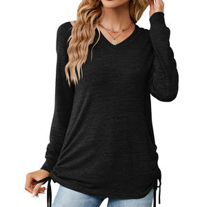 Blusa <span class=keywords><strong>de</strong></span> <span class=keywords><strong>Moda</strong></span> Europea, Color Sólido, Manga Larga, Cuello en V, Camiseta Informal Holgada con Pliegues para Mujer, Primavera-Otoño - Product Image 2