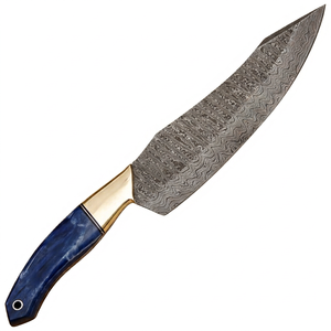 Couteau de boucher artisanal en acier Damas, manche en bois bleu, couteau à découper la viande à pointe traînante - Product Image 1