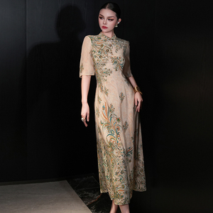 FMY65989 Abito Estivo di Alta Gamma in Seta con Stampa Tradizionale <span class=keywords><strong>Cinese</strong></span>, Stile Cheongsam per Donna - Product Image 1