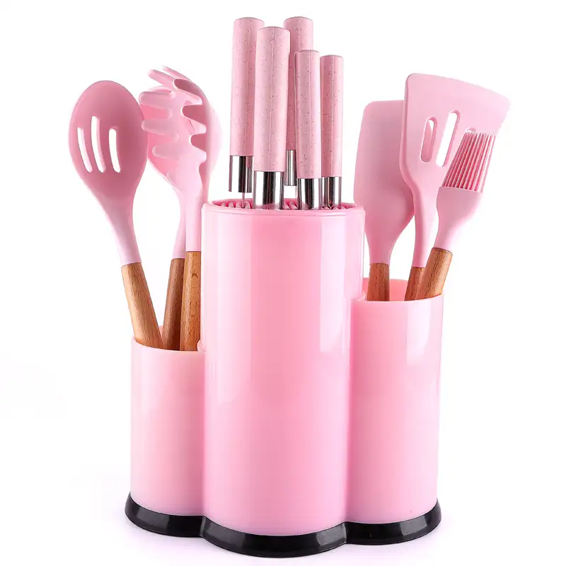 2021 New Arrival Pink Coating Stainless Steel Kitchen Knife Set And Spatula Silicone Set Utensil With Multi-compartment Holder