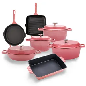 Яркий набор кухонной утвари кухни индивидуальный розовый эмалевым покрытием голландская печь 11 шт. кастрюли набор чугунной кухонной посуды