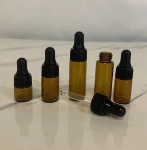 Hengjian 1ml 2ml 3ml 5ml amber mini cosmetic serum bottles glass essential oil perfume bottle with white black dropper head