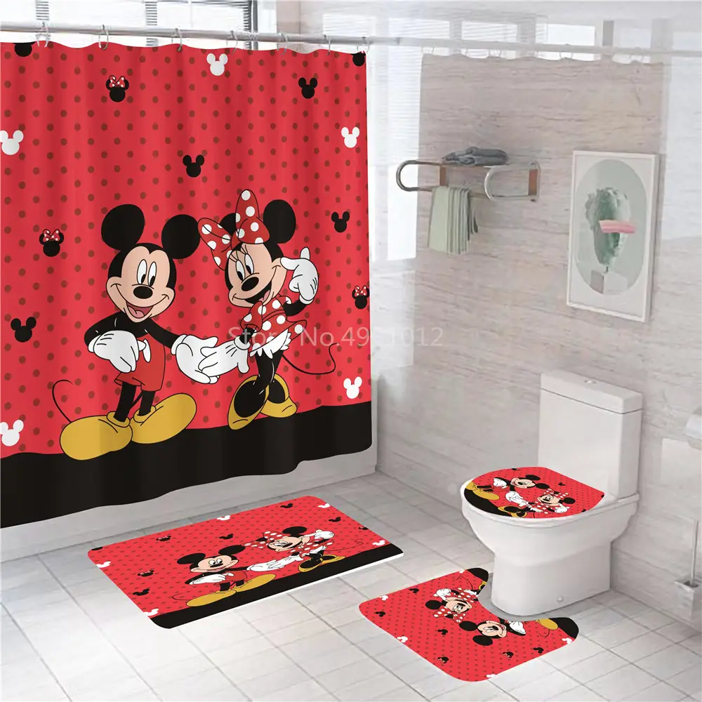 Cortina de ducha con estampado de Mickey y Minnie Mouse, cubierta de alfombra, conjunto de alfombrilla de baño, cortina de baño, 12 ganchos, hogar, novedad