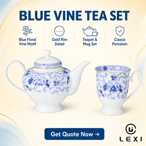 Teiera Classica in Porcellana Blu e Bianca con Bordo Dorato e Motivo Floreale, per Casa, Hotel, Matrimoni, Tè del Pomeriggio, Regalo - Product Image 2