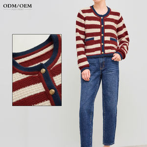 เสื้อสเวตเตอร์ไหมพรมผู้หญิง แขนยาว คอโอ ลายทาง  คาร์ดิแกนสั้นติดกระดุมสำหรับผู้หญิง - Product Image 1