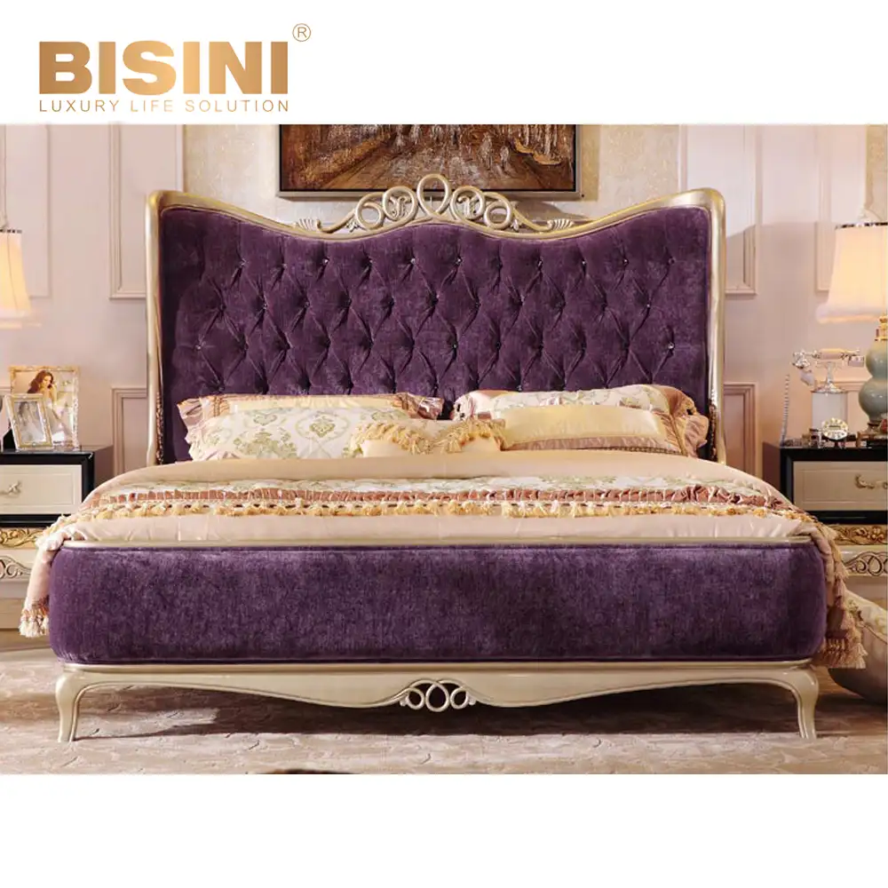 豪華な最新の紫色のキングサイズの寝室セット家具/豪華なダブルベッドデザイン木製の手彫りのアンティークの寝室の家具