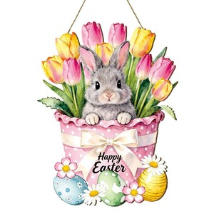 Easter Bunny Flower Door Hanging Sign Wooden Decor Home Indoor Spring Decoration - Product Image 5