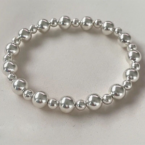 S925 Sterling Silver Round <b>Bead</b> <b>Bracelet</b> Elastic Cord Women's Simple Layered Jewelry Everyday Wear - Product Image 3