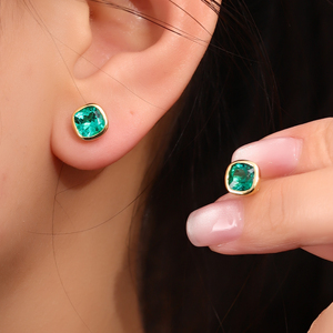Joyería fina, pendiente de tuerca de Esmeralda colombiana, <span class=keywords><strong>pendientes</strong></span> de mujer chapados en oro 925 con corte de cojín de 8mm, Esmeralda cultivada en laboratorio - Product Image 5