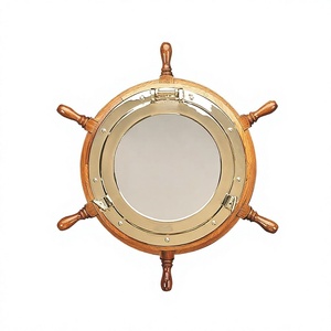 Brass Porthole Mirror Wooden Ship Wheel Nautical Wall Mirror Vintage Marine Decor Coastal Home Decorative Wall Hanging - Product Image 1