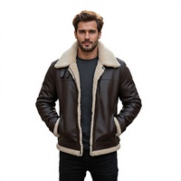 Blouson aviateur en cuir de vachette marron pour homme, doublure en fourrure de mouton, col rabattable, fermeture éclair, coupe classique, vêtement d'hiver
