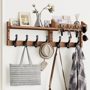 Solid Wood Wall Mounted Coat Rack With Shelf And <b>Hooks</b> For Entryway Storage And Organization - Product Image 2