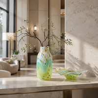 Vase en verre coloré artistique et ensemble de bols à fruits, motif spirale vert dégradé, soufflé à la main, ornement décoratif pour la maison et l'hôtel