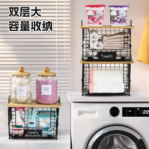 Étagère de rangement double couche grande capacité pour buanderie avec plateau en bois et structure métallique, design pliable - Product Image 1