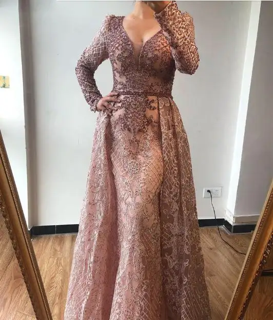 8 Different Color Luxury V-Neck Beading France Lace Evening Gowns Plus Size Long Sleeve Ball Gown Evening Dresses