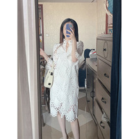 Robe élégante pour femme à manches mi-longues, coupe droite, tissée, lavable, style doux, col rond uni, deux pièces, courte, décontractée, en dentelle blanche