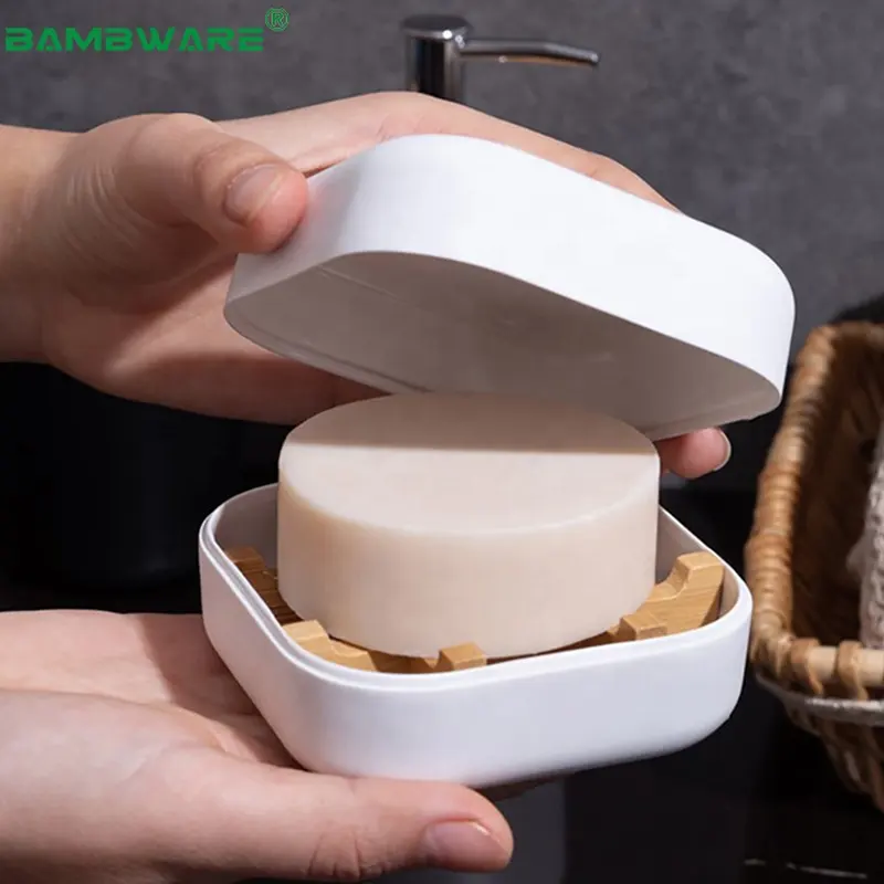 ZERO PLASTIC Sustainable Natural Bamboo Soap Holder Dish Travel Case With Drainer Tray Square For Daily Cleansing Bars Of Family