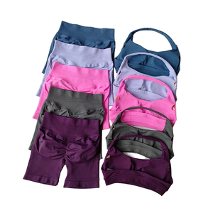 Ensemble de sport 2 pièces pour femme, motif uni, brassière de sport à dos croisé, short de sport à taille haute avec logo, pour la gym, le yoga et le fitness - Product Image 1