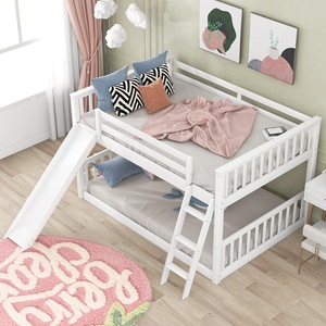 White Wooden Bunk <b>Bed</b> <b>With</b> <b>Slide</b> And Ladder For Children Bedroom Furniture - Product Image 1