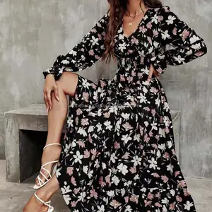 Vestido feminino de cintura alta com estampa floral, vestido maxi vintage de manga curta azul branco, vestido de praia vocacional, com babado de verão, chiffon