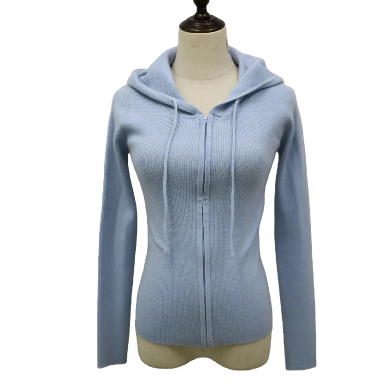 Knitted Cardigan Long-sleeved Warm Wool Coat Slim Zipper Hoodie Thin Women's Knitted Sweater Sky Blue Standard Streetwear