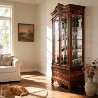 Vitrina de Madera Tallada Estilo Rústico Americano Vintage con Puertas Dobles de Cerezo y Cristal, Mueble Grande para Licores con Puertas de Cristal para Sala de Estar