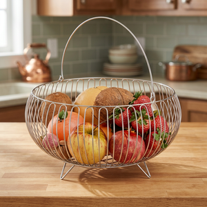 <b>Round</b> Metal Fruit <b>Basket</b> Wire Kitchen <b>Storage</b> Stand Type Minimalist Design Durable Single Tier - Product Image 3